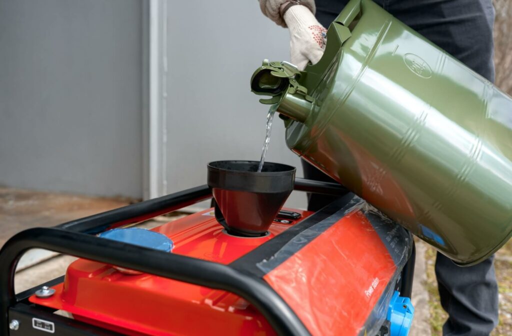 Fuel being poured into backup generator as part of senior living storm preparation