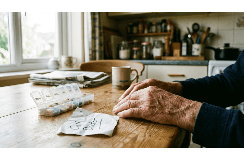 Close-up of an older adult's hands at a kitchen table next to a pill organizer and handwritten reminder note.