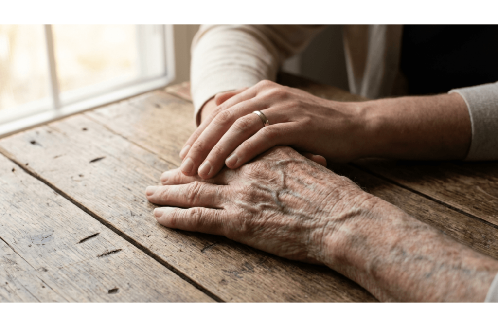 Adult hand gently holding the wrinkled hand of an elderly person on a wooden table, conveying support and care.