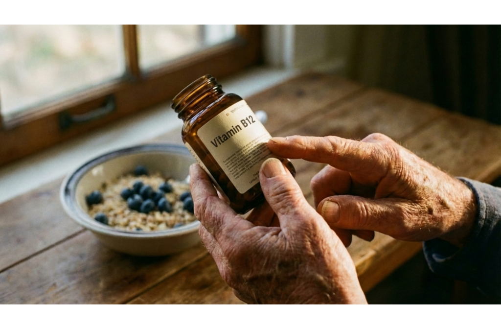 Close-up of an older adult reading the label on a vitamin bottle with a healthy breakfast in the background.