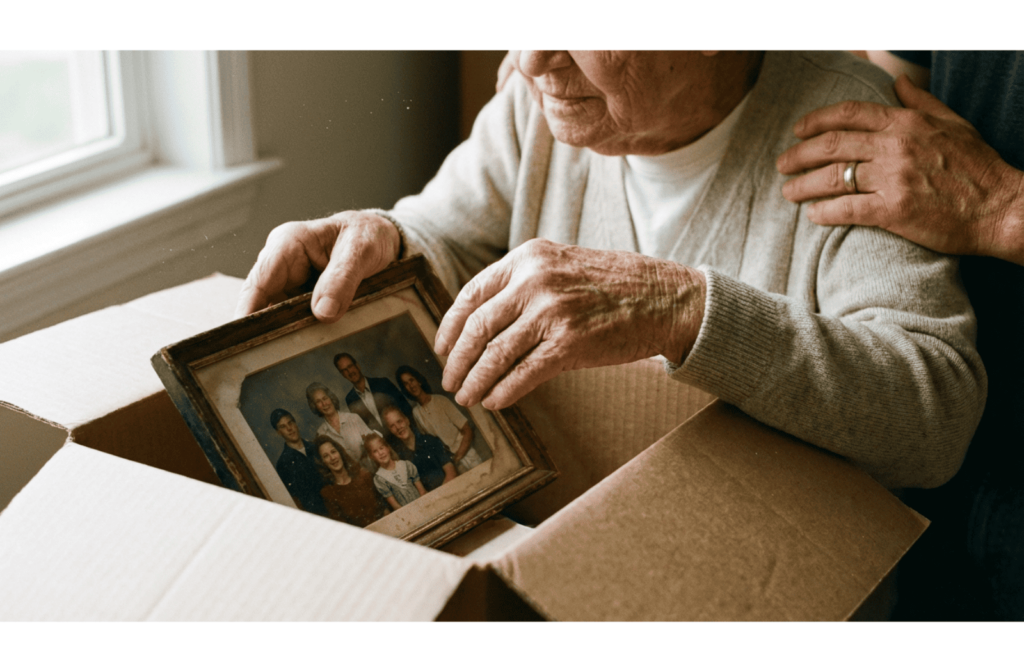 Close-up of an elderly person packing a framed photo into a box while another adult offers a supportive hand on their shoulder.