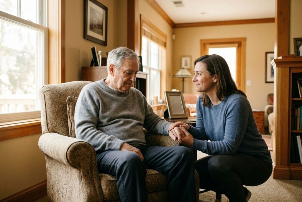 Younger adult crouching beside an older adult seated in an armchair, holding their hand, in a sunlit living room.