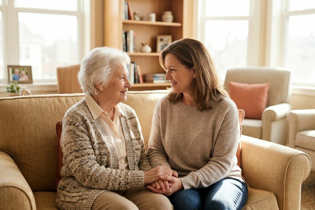Older and younger adult sitting close on a sofa, holding hands and smiling at each other in a bright living room.
