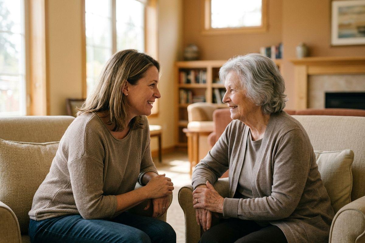 A younger woman and a senior sit facing each other in a living room, smiling and talking.