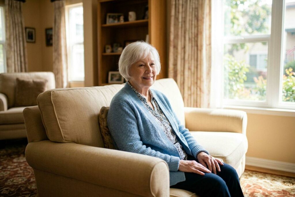 A senior in a blue cardigan sits smiling on a beige sofa in a sunlit living room with framed photos.