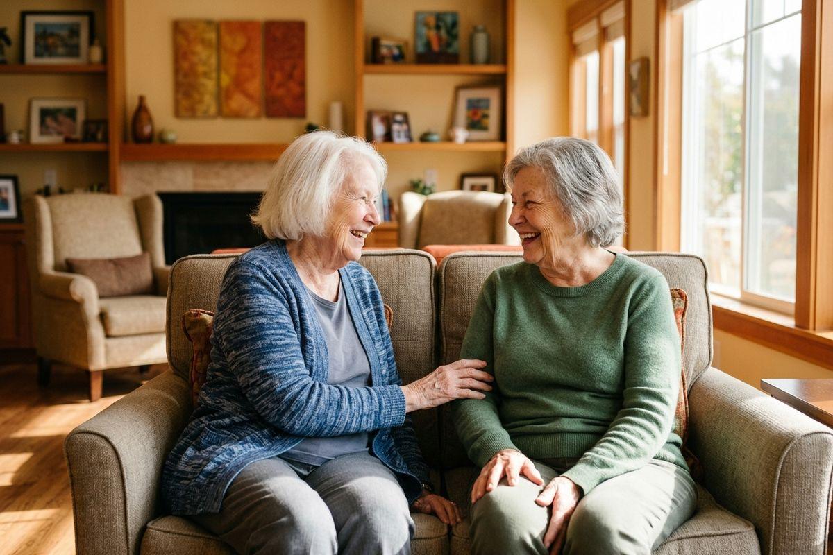 Two seniors sit together on a couch, laughing and talking in a sunlit living room.