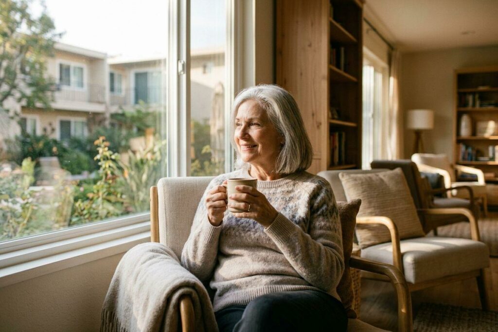 A senior holds a mug, smiling and looking out a window while seated in an armchair in a living room.